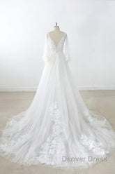 Long A-line V-neck Appliques Lace Tulle Backless Wedding Dresses with Sleeves